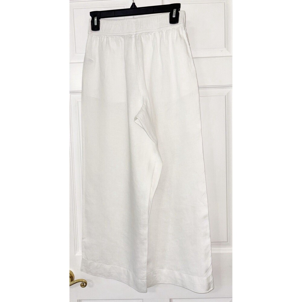 Tahari Linen Wide Leg Crop Pants Size Small White Pull On Pockets